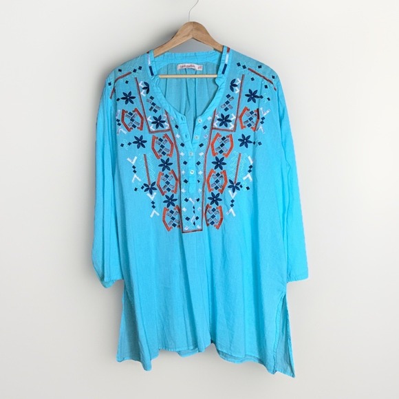 fresh produce Tops - Fresh Produce Women's Embroidered Tunic Top Aqua Aztec Fiesta Blue Size M/L